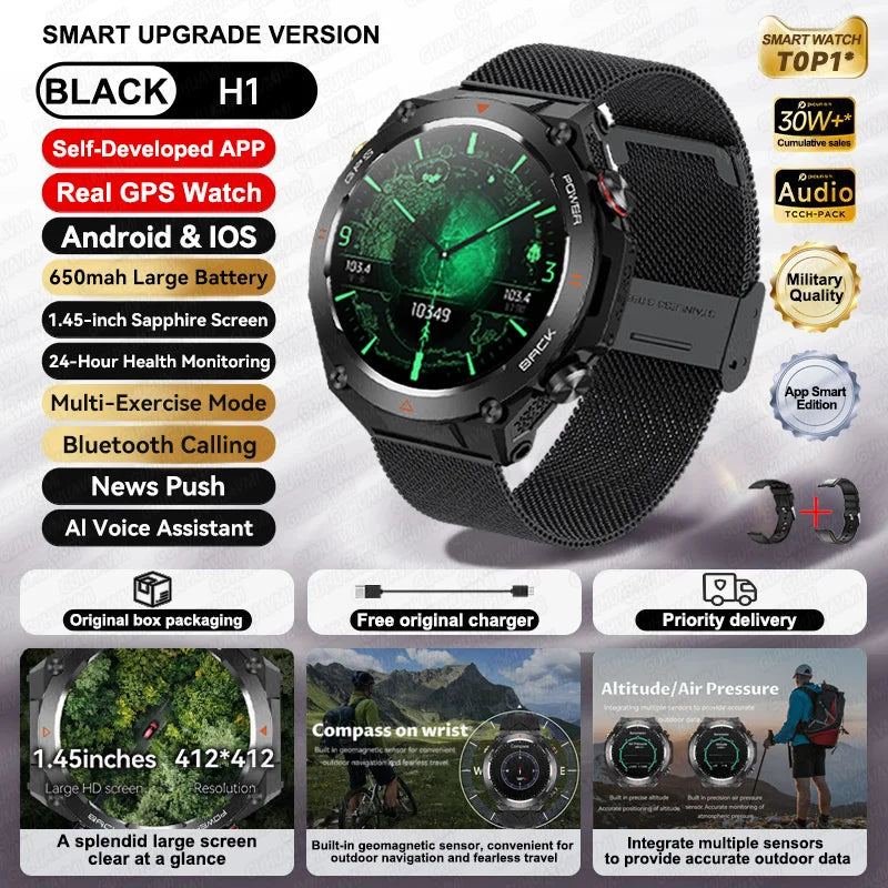 2025 GPS New Men Dual-band Positioning Smart Watch Men AMOLED Compass Waterproof 650mAh Battery Military Sport Watches New