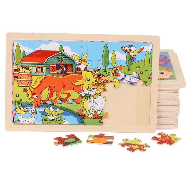 New 24 Pieces Wooden Puzzles Cartoon Animal Wood Jigsaw Learning Toys for GIFT