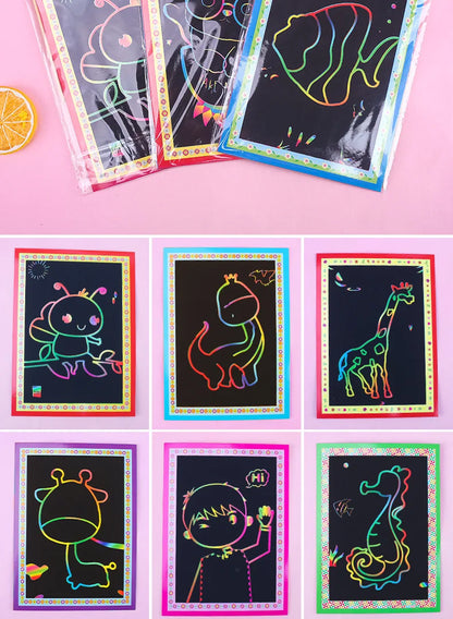 10Pcs Scratch Art Paper Magic Painting Paper with Drawing Stick Drawing Toys Kids Learning Educational Toys for Children Gifts