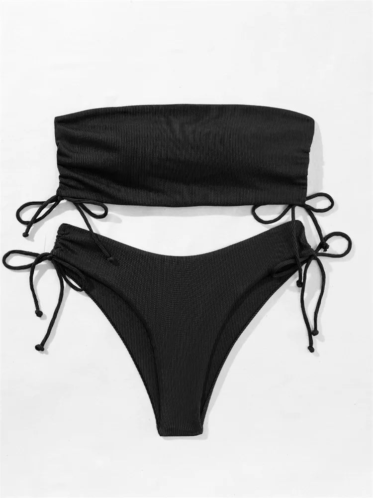 2025 Sexy Low Waist Swimwear New Solid Bandeau Bikini Set Women Push Up Drawstring Beachwear Swimsuit Backless bathing suit