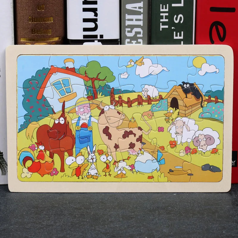 New 24 Pieces Wooden Puzzles Cartoon Animal Wood Jigsaw Learning Toys for GIFT