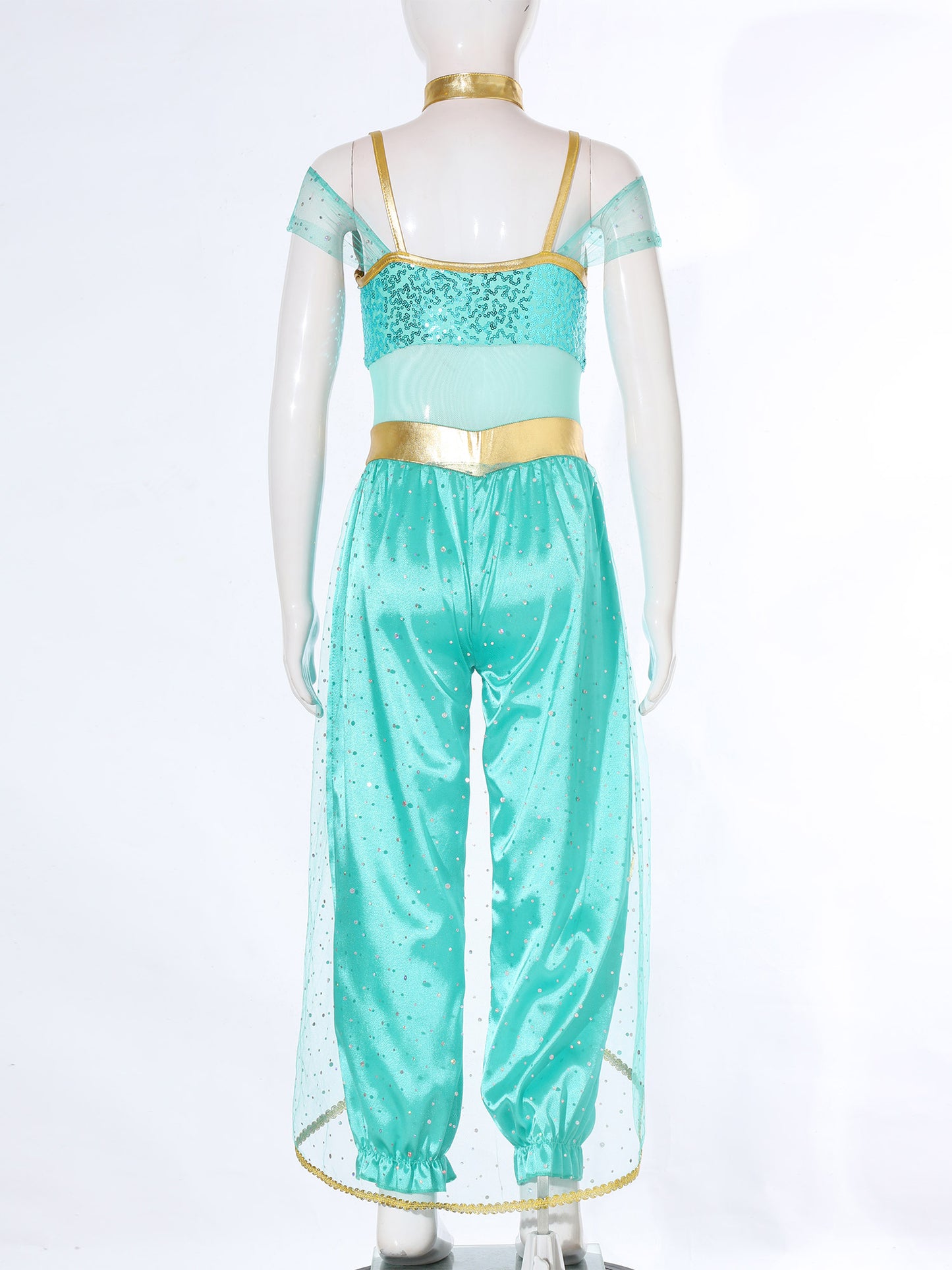 Shiny Sequin Gem Girls Halloween Jasmines Costume Kids Arabian Princess Cosplay Fancy Jumpsuit with Choker for Dance Performance