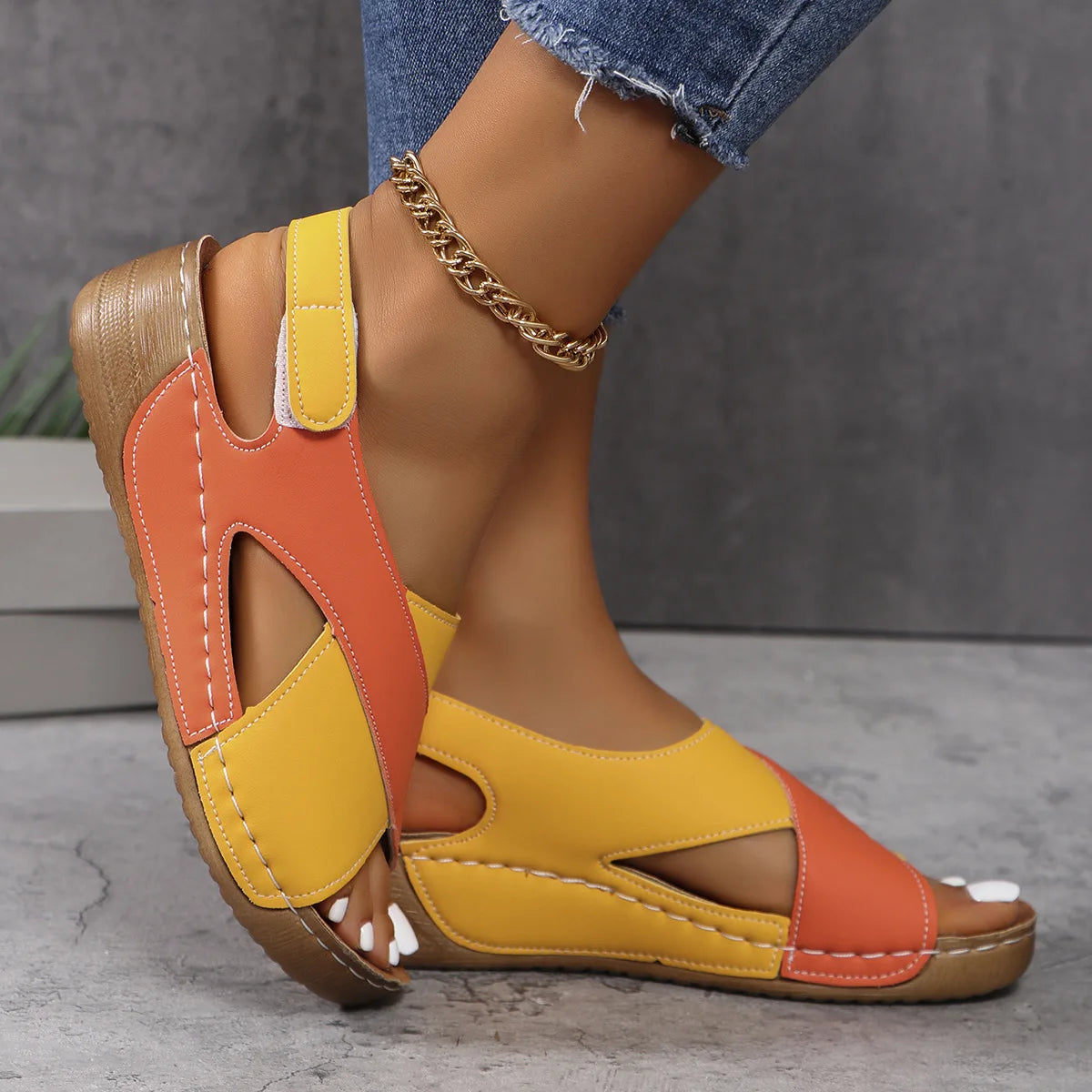 New Women's Contrast Color Wedge Sandals Summer Peep Toe Non Slip Beach Shoes Woman Comfortable Platform Roman Sandalias
