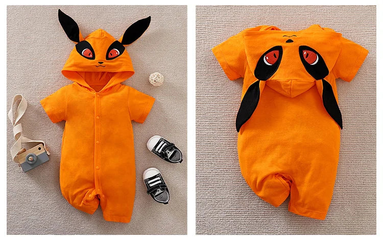 Summer Boys and Girls Cute Anime Fox Hat Cotton Comfortable Casual Short Sleeve Baby Bodysuit