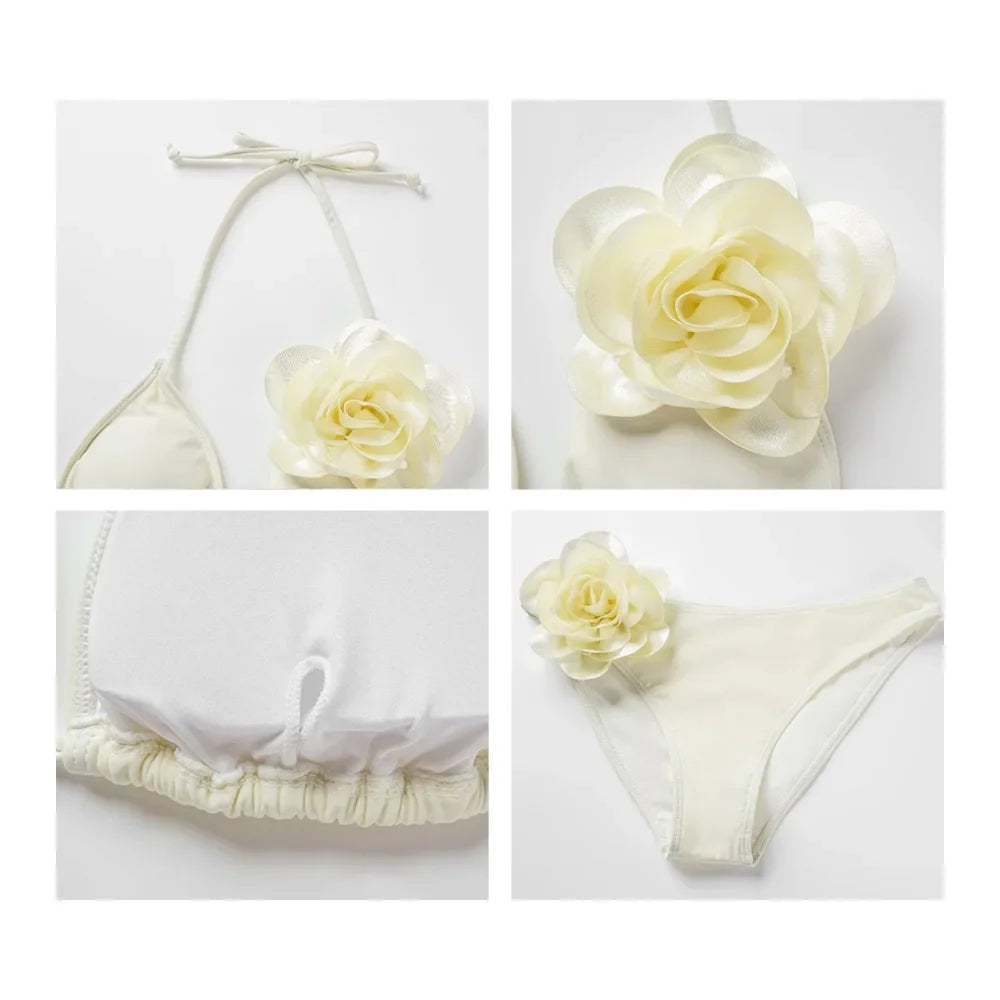 2026 New Sexy White 3D Flower Solid Two Piece Push Up Bikini Set Luxury Swimwear Women Swimsuit Beachwear Summer Bathing Suit