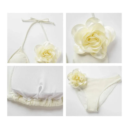 2026 New Sexy White 3D Flower Solid Two Piece Push Up Bikini Set Luxury Swimwear Women Swimsuit Beachwear Summer Bathing Suit