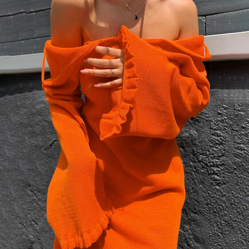 2026 Women Ins Style Sexy Backless Neck-hanging Long Sleeve Fishtail Dress Knit Beachwear Summer Swimsuit Bikini Cover-ups A2825