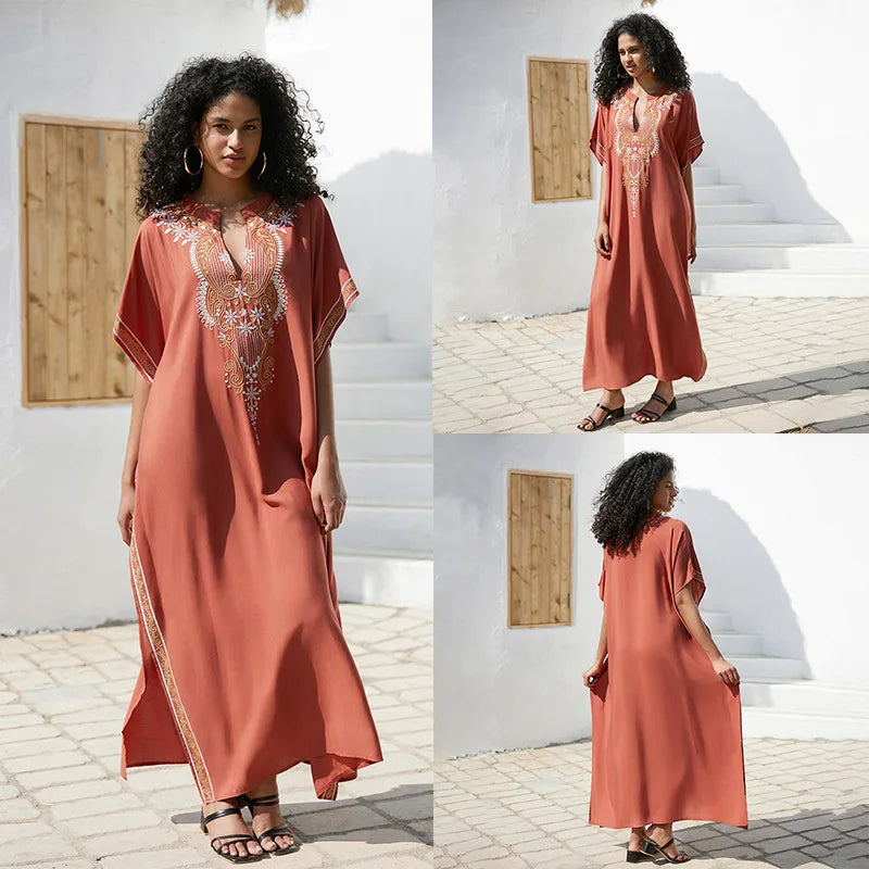 Swimsuit Cover Ups Embroidery V Neck Short Sleeve Swim Cover Up for Women Kaftan Dresses