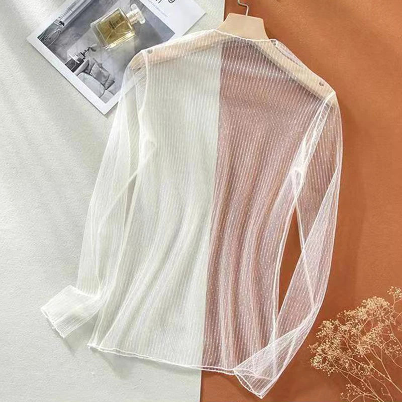 Spring Summer Women Sexy Black Mesh Tops Bottoming T Shirts Transparent Sheer Blouses Turtleneck Streetwear Tees Sunscreen Top