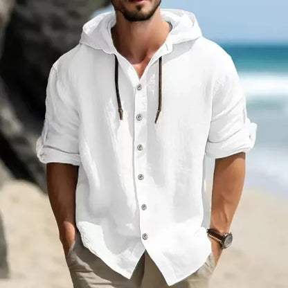 Summer Men's Linen Shirt Solid Streetwear Long Sleeve Hoodie Cardigan Clothing For Men Button Tops Casual Loose Men Hooded Shirt