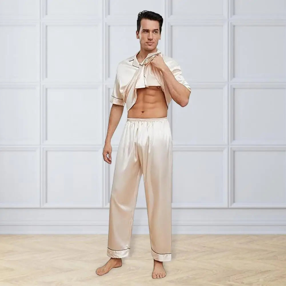 2Pcs/Set Silk Satin Men Pajama Set Notch Collar Button Down Pajama Top with Chest Pocket Elastic Waist Bottoms Set Sleepwear