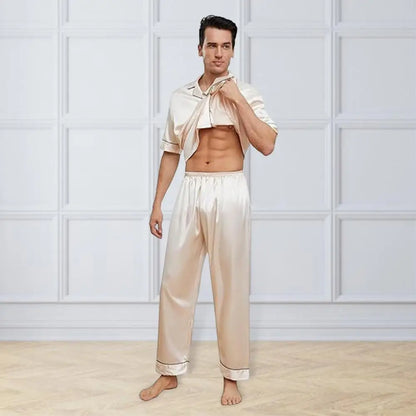 2Pcs/Set Silk Satin Men Pajama Set Notch Collar Button Down Pajama Top with Chest Pocket Elastic Waist Bottoms Set Sleepwear