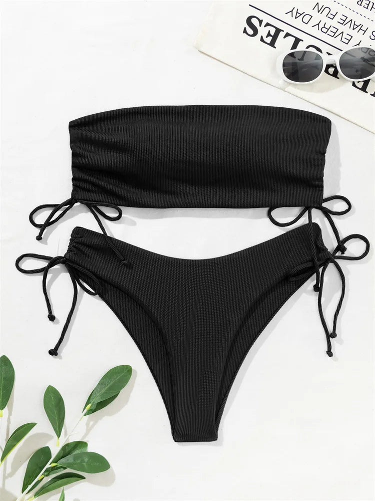 2025 Sexy Low Waist Swimwear New Solid Bandeau Bikini Set Women Push Up Drawstring Beachwear Swimsuit Backless bathing suit