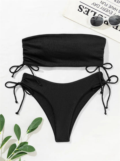 2025 Sexy Low Waist Swimwear New Solid Bandeau Bikini Set Women Push Up Drawstring Beachwear Swimsuit Backless bathing suit