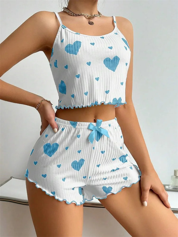 Sexy Girl Pajama Sets Love Heart Print Cami Top+Shorts Leisure Stripe Pyjamas Women Home Clothes Summer Sleeveless Sleepwear