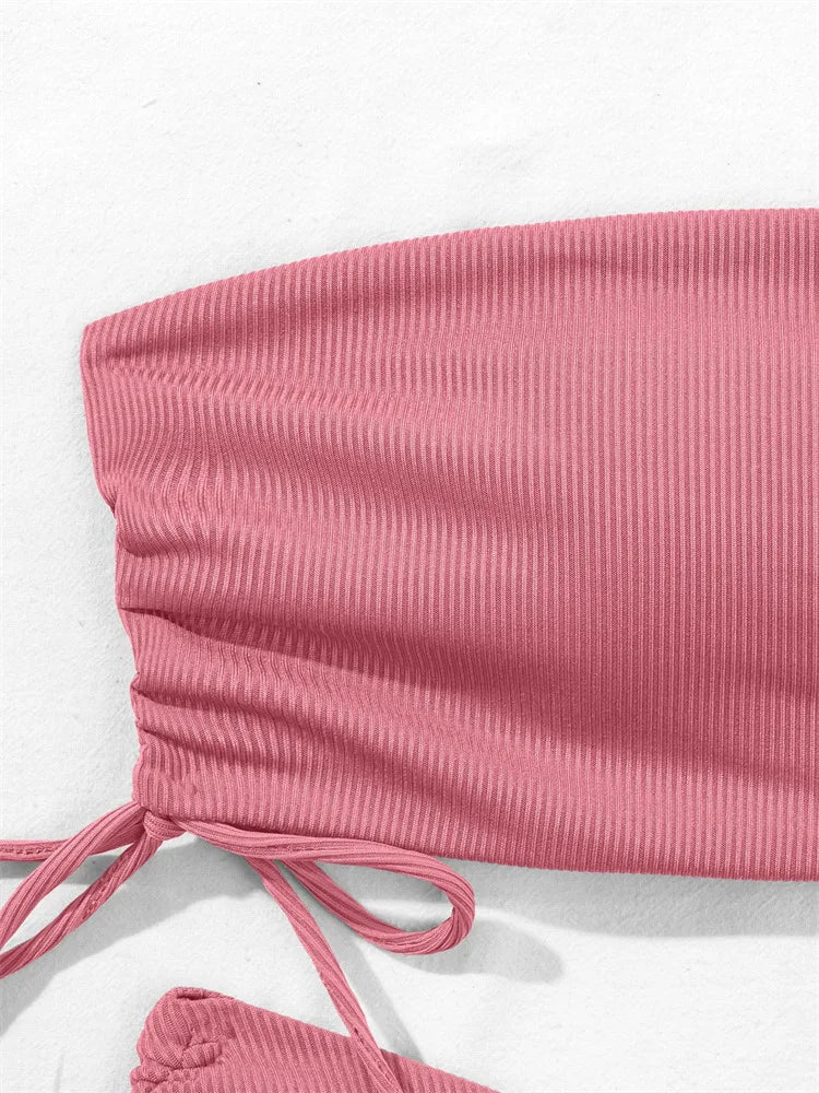 2025 Sexy Low Waist Swimwear New Solid Bandeau Bikini Set Women Push Up Drawstring Beachwear Swimsuit Backless bathing suit
