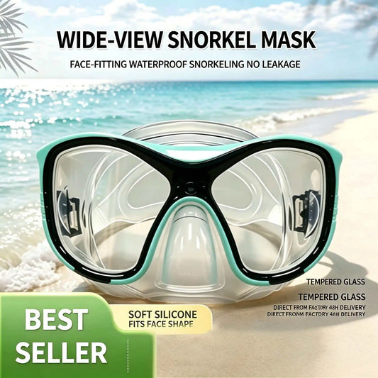 Large-Frame Diving Goggles Set: Silicone, Wide View, Tempered Glass