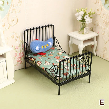 1:12 miniature bed for dolls Dollhouse Iron doll bed Furniture toy children simulation house role play toys collection gifts