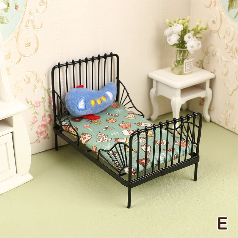 1:12 miniature bed for dolls Dollhouse Iron doll bed Furniture toy children simulation house role play toys collection gifts