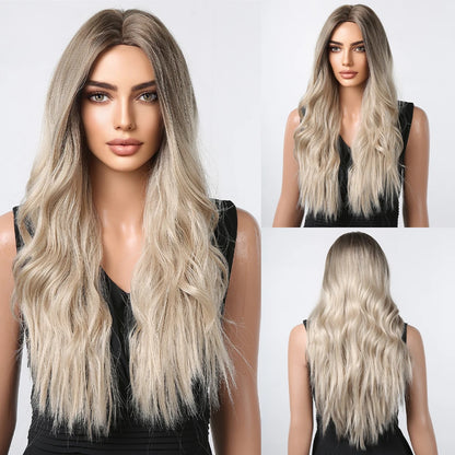 HENRY MARGU Long Brown Wavy Synthetic Wigs Middle Part Natural  Curly Wig for Black Women Cosplay Daily Heat Resistant Fake Hair
