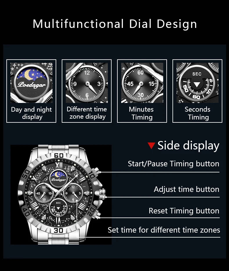 POEDAGAR Luxury Brand Men Watch Chronograph Waterproof Stainless Steel Luminous Male Watch Quartz Fashion Watches For Men Reloj