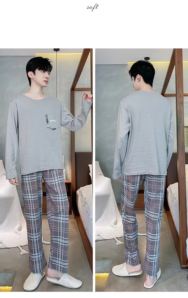 Spring Autumn Plus 4XL Knitted Men's Sleepwear Letter Lattice Pajamas Plaid Pajamas Sets Casual Loungewear Pyjamas Night Fashion