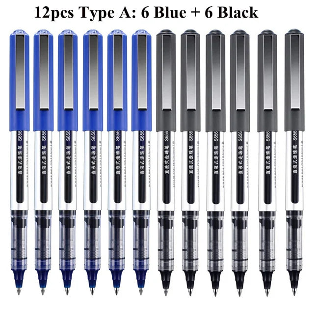 Deli Rollerball Pens, 12 Pack Blue/ Black Liquid Ink Ballpoint Gel Pens, 0.5 mm Fine Tip Rolling Ball Pens for Writing Drawing
