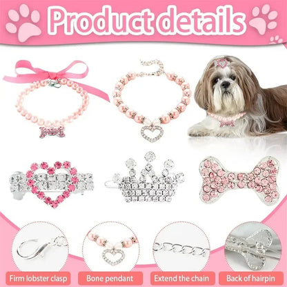Bling Pearl Dog Collar Small and Medium Dogs Crown Hair Clips Puppy Accessories Doggy Heart and Bone Necklace Pet Supplies