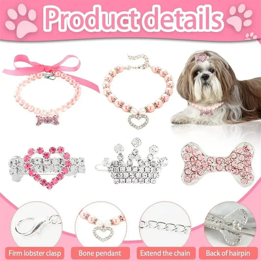 Bling Pearl Dog Collar Small and Medium Dogs Crown Hair Clips Puppy Accessories Doggy Heart and Bone Necklace Pet Supplies