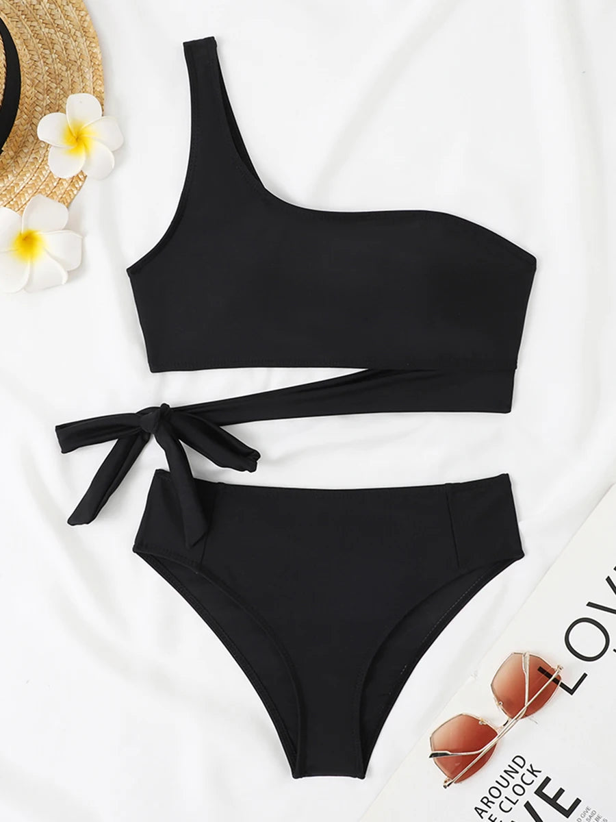 One Shoulder Bikini Set Sexy 2025 Swimsuit Women Solid Padded Swimwear Female Bathers Bathing Swimming Swim Suit Beachwear