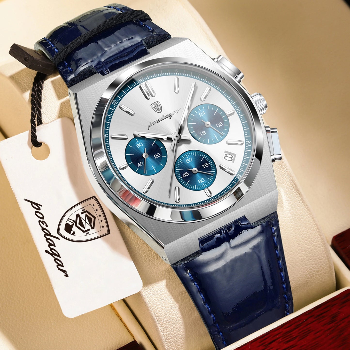 POEDAGAR Business Functional Male Watch Waterproof Luminous Chronograph Date Sports Men Wristwatch Leather Men's Quartz Watches