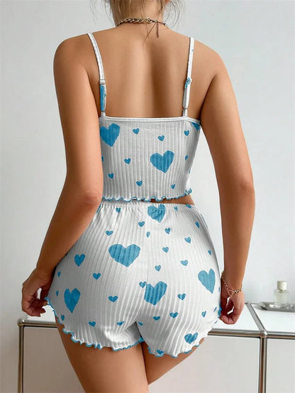 Sexy Girl Pajama Sets Love Heart Print Cami Top+Shorts Leisure Stripe Pyjamas Women Home Clothes Summer Sleeveless Sleepwear