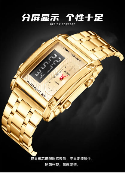 Gold Men Watches Stainless Steel Band Dual Display Men Sports Digital Watches For Male Clock Chronograph Date Waterproof Luxury