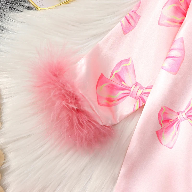 VISgogo Baby Girls Pajamas Long Sleeve Bow Print Furry Patchwork Button Closure Jumpsuit Sleepwear Loungewear