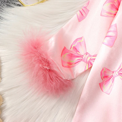 VISgogo Baby Girls Pajamas Long Sleeve Bow Print Furry Patchwork Button Closure Jumpsuit Sleepwear Loungewear