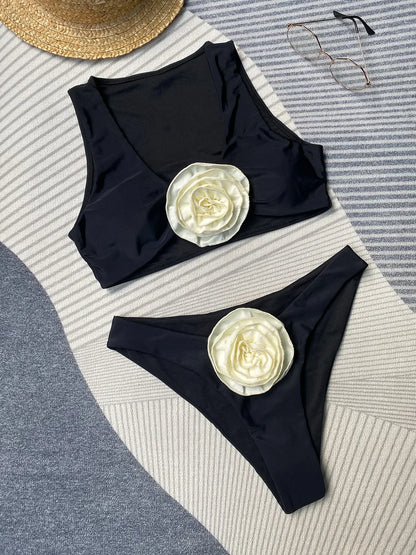 2026 New Sexy White 3D Flower Solid Two Piece Push Up Bikini Set Luxury Swimwear Women Swimsuit Beachwear Summer Bathing Suit