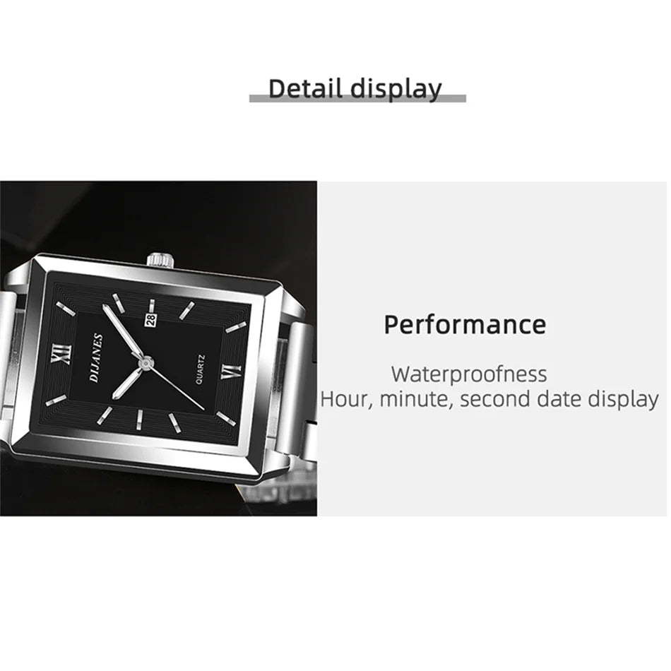 Fashion Mens Business Watches for Men Rectangle Stainless Steel Quartz Wrist Watch Man Casual Leather Watch relogio masculino