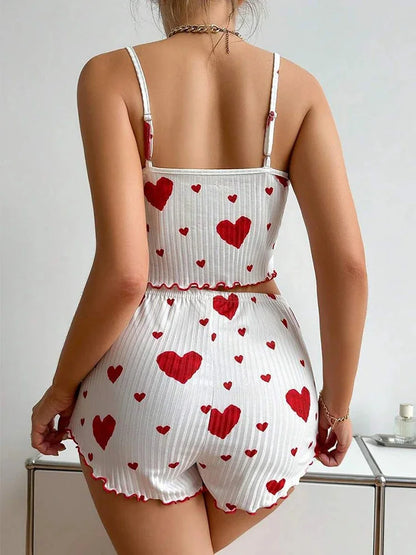 Sexy Girl Pajama Sets Love Heart Print Cami Top+Shorts Leisure Stripe Pyjamas Women Home Clothes Summer Sleeveless Sleepwear