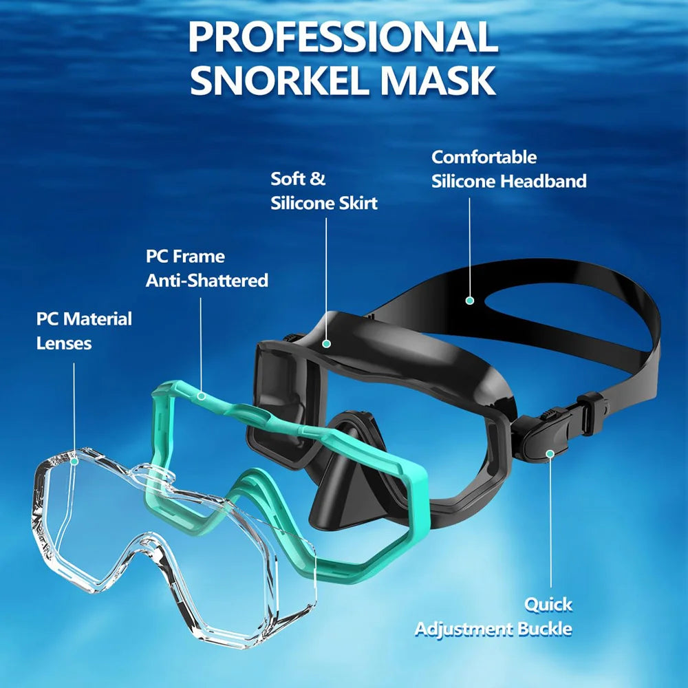 3 Windows Snorkel Mask Set Scuba Diving Swimming Goggles Panoramic Wide View HD Dry Top Anti-Leak Anti-Fog For Adults and Kids
