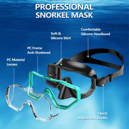 3 Windows Snorkel Mask Set Scuba Diving Swimming Goggles Panoramic Wide View HD Dry Top Anti-Leak Anti-Fog For Adults and Kids