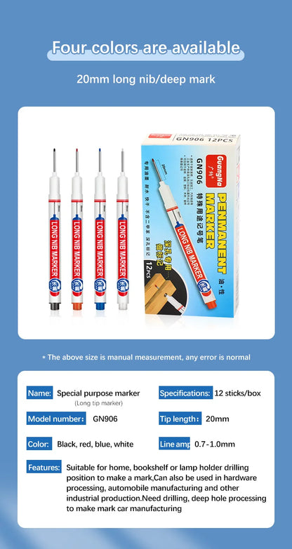 4Pcs/Set 20mm Deep Hole Long Nib Head Markers For Metal Perforating Pen Waterproof Bathroom Woodworking Decoration Multi-Purpose