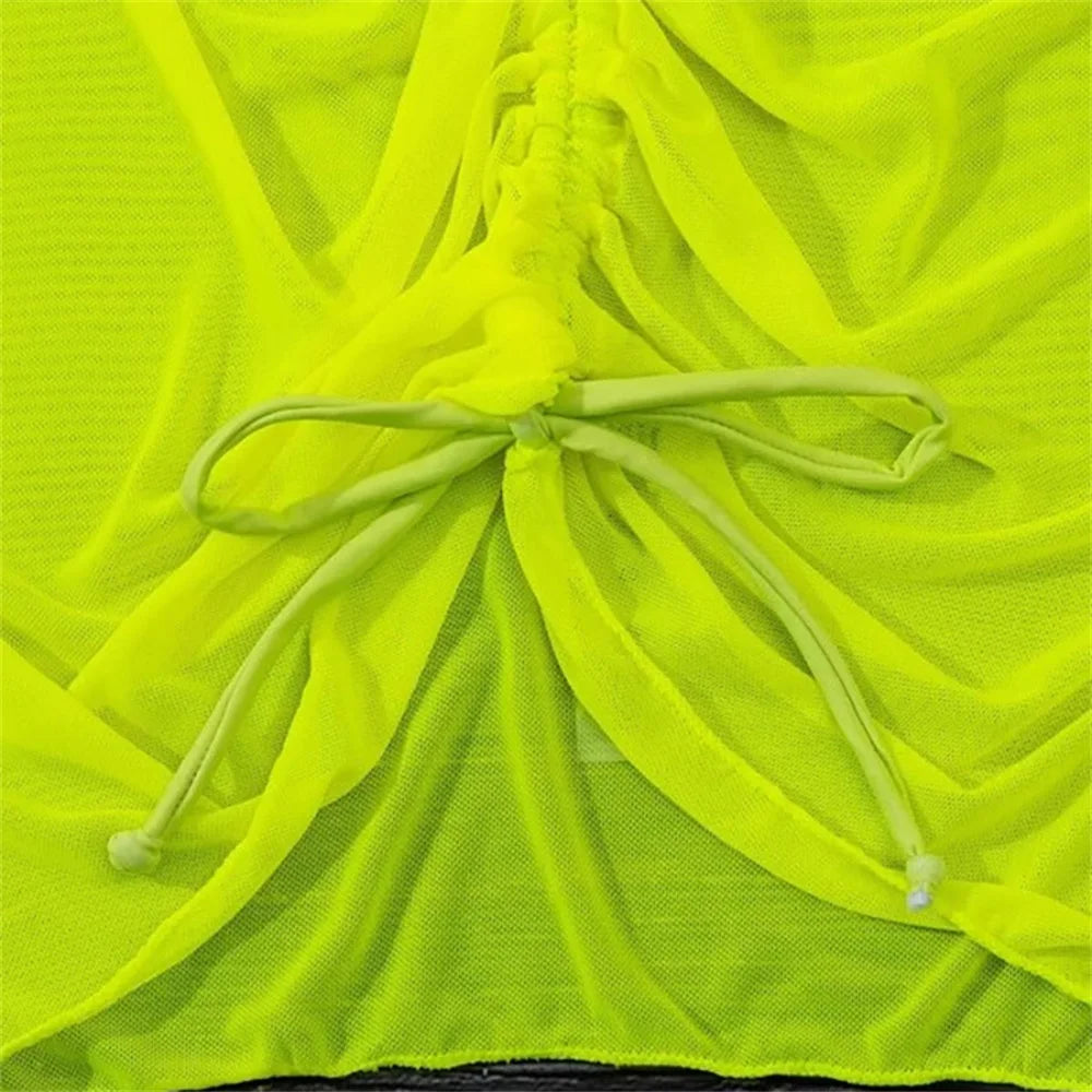 Women Beachwear Hip Skirt Translucent Sexy Swimsuit Beach Skirt Seaside Gauze Skirt Ruffled Overskirt Mesh Drawstring Cover Up