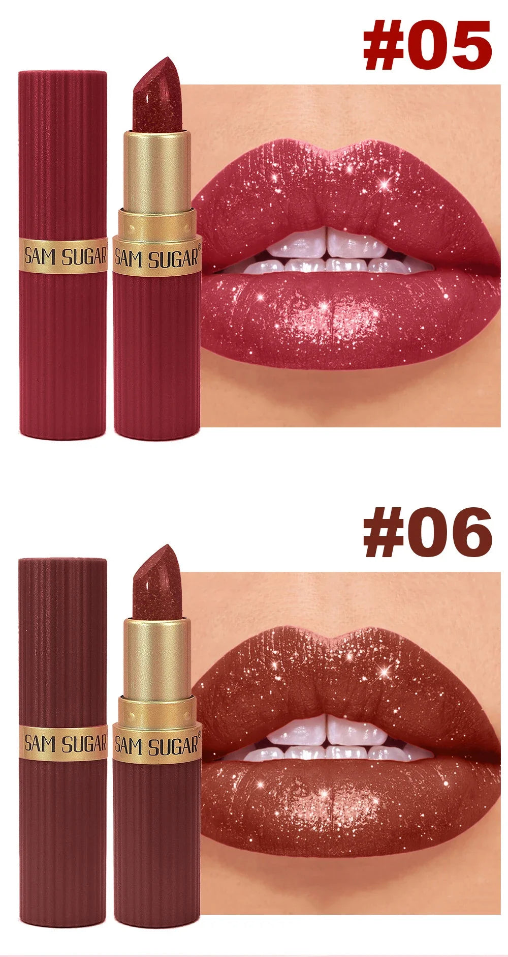 Chocolate Brown Luxurious Metallic Glitter Lipstick Long-Lasting Waterproof Non-Fade Shimmery Pearl Sparkling Lip Gloss Makeup