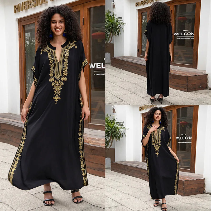 Swimsuit Cover Ups Embroidery V Neck Short Sleeve Swim Cover Up for Women Kaftan Dresses