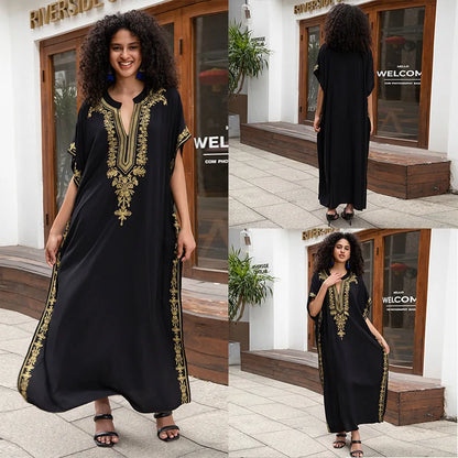 Swimsuit Cover Ups Embroidery V Neck Short Sleeve Swim Cover Up for Women Kaftan Dresses