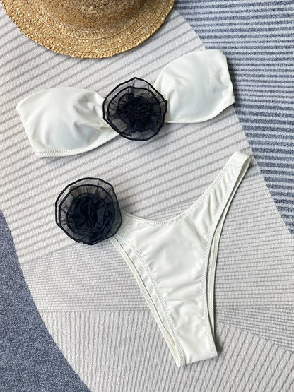 2026 New Sexy White 3D Flower Solid Two Piece Push Up Bikini Set Luxury Swimwear Women Swimsuit Beachwear Summer Bathing Suit