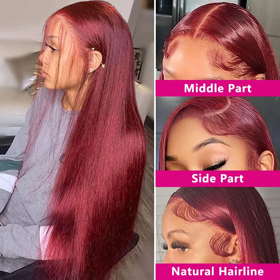 HD Burgundy 99J Straight Lace Frontal Human Hair Wigs 13x4 Transparent Lace Front Wig For Women Brazilian Red Colored Remy Wig