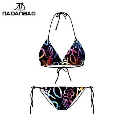 Nadanba Sexy Swimsuit Women Backless Fashion Abstract Printing Swimwear Bathing Bikinis Beach Party Two-Piece Bikini Set