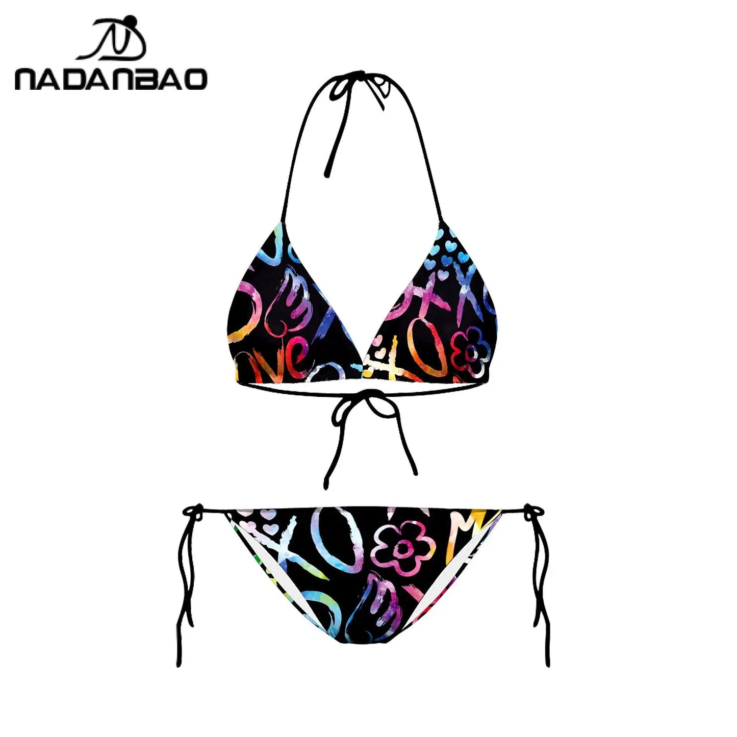 Nadanba Sexy Swimsuit Women Backless Fashion Abstract Printing Swimwear Bathing Bikinis Beach Party Two-Piece Bikini Set
