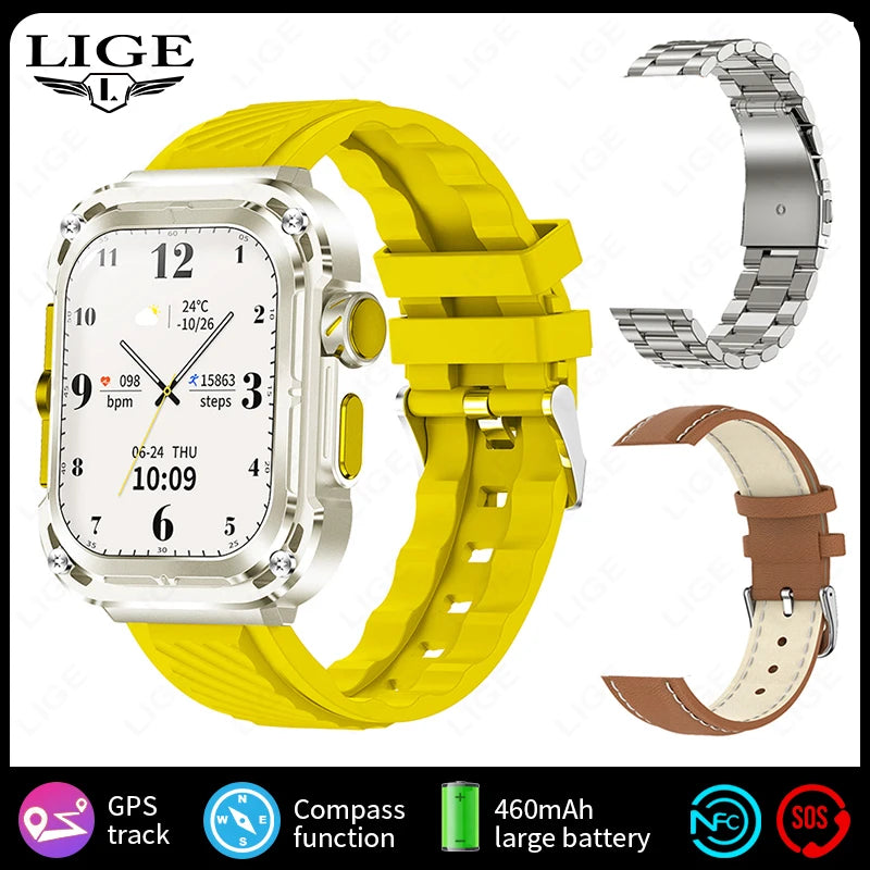 LIGE New 2.1" Ultra HD NFC Bluetooth Call Smart Watch Men Compass GPS Track 460mAH Battery Waterproof Watches For Android IOS